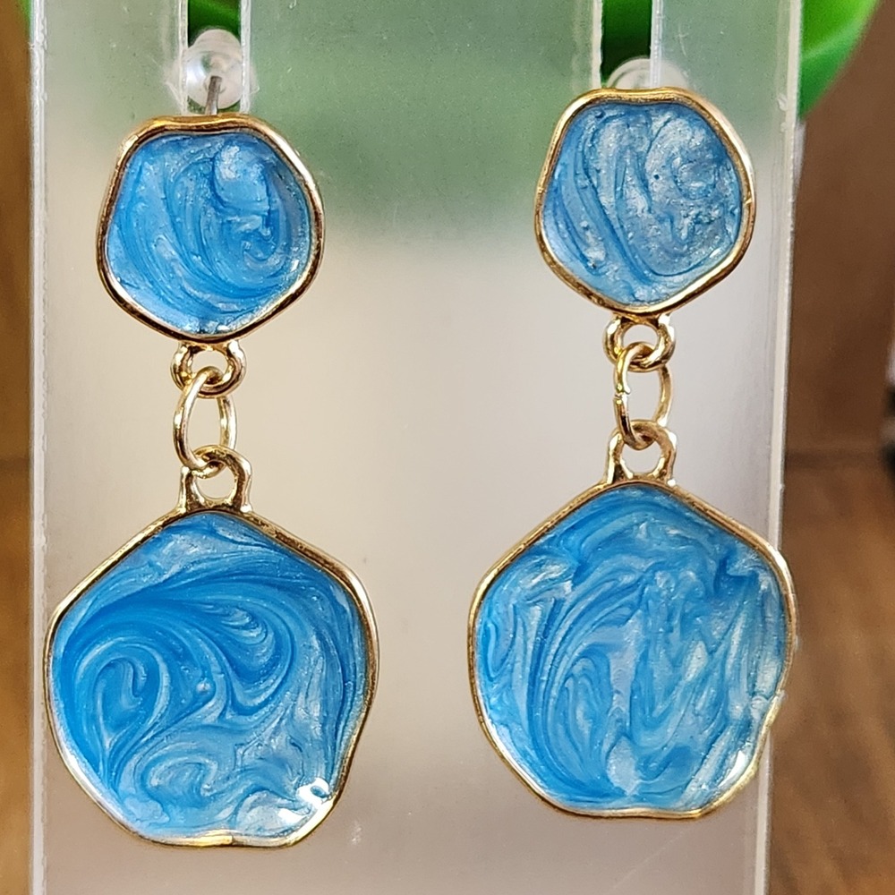 Blue Marbled Enamel Gold Tone Abstract Organic Shape Drop Dangle Earrings 1.75"